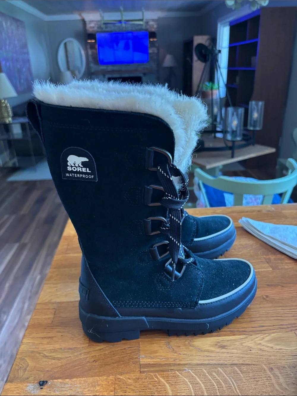 Sorel Black Faux Fur-Trim Lace-Up Waterproof Winter Boots